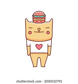 Bored cat with burger on head illustration. Vector graphics for t-shirt prints and other uses.