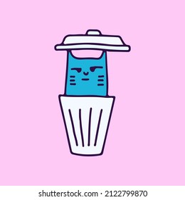 Bored cat on trash can, illustration for t-shirt, sticker, or apparel merchandise. With doodle, soft pop, and cartoon style.
