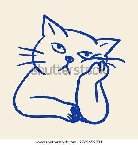 Bored Cat Resting Head Doodle Illustration Unimpressed Kitty Lazy Mood Cute Pet Sketch Design