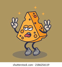 Bored Cheese with peace stuck out tongue expression sticker. Cartoon sticker in comic style with contour. Decoration for greeting cards, posters, patches, prints for clothes, emblems.
