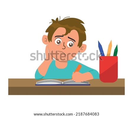 Bored child doing homework or sitting in boring class. Cute cartoon vector illustration.
