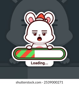 Bored Christmas Bunny Holding a Loading Bar, Cute Vector Sticker Design