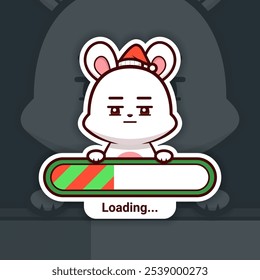 Bored Christmas Bunny Holding a Loading Bar, Cute Vector Sticker Design