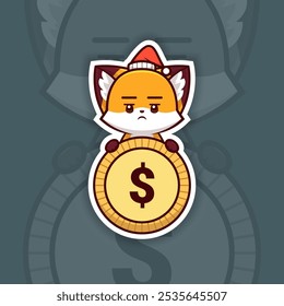 Entediado Natal Fox segurando moeda ou ícone de dinheiro, Vetor Adesivo Design