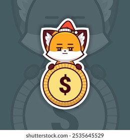 Bored Christmas Fox Holding Coin or Money Icon, Vector Sticker Design