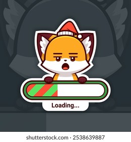 Bored Christmas Fox Holding a Loading Bar, Cute Vector Sticker Design, the holidays are coming soon