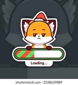 Bored Christmas Fox Holding a Loading Bar, Cute Vector Sticker Design, the holidays are coming soon