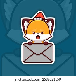 Entediado Natal Fox segurando Ícone de E-mail, Vetor Adesivo Design