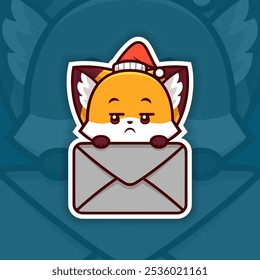 Entediado Natal Fox segurando Ícone de E-mail, Vetor Adesivo Design