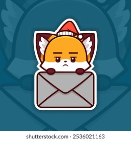 Entediado Natal Fox segurando Ícone de E-mail, Vetor Adesivo Design