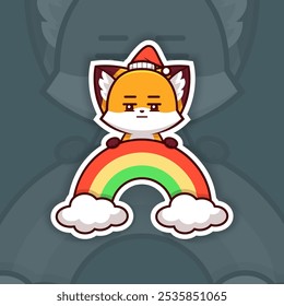 Bored Christmas Fox Holding Rainbow Icon, Vector Sticker Design