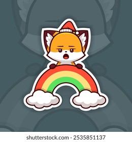 Bored Christmas Fox Holding Rainbow Icon, Vector Sticker Design