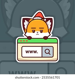Bored Christmas Fox Holding a Web Search Icon, Sticker Design Vector