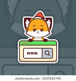 Bored Christmas Fox Holding a Web Search Icon, Sticker Design Vector