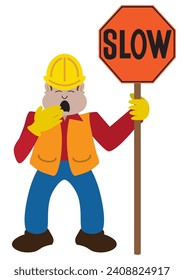A bored construction worker with a sign is stifling a yawn