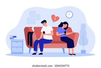 Bored couple sitting on sofa while looking at their phones. Husband and wife tired of each other flat vector illustration. Relationship, breakup concept for banner, website design or landing web page