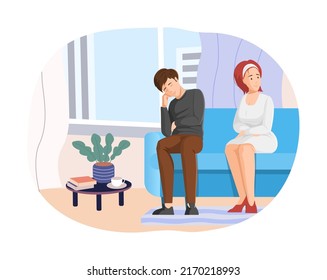 Bored couple sitting on sofa in living room. Man napping with hand under his head, girl sitting with her arms folded. Young man and woman spending time together at home flat vector
