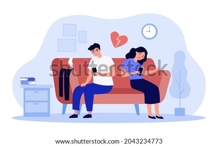 Bored couple sitting on sofa while looking at their phones. Husband and wife tired of each other flat vector illustration. Relationship, breakup concept for banner, website design or landing web page