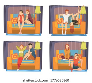 Parejas amarradas sentadas en cómodos sofás, personajes masculinos y femeninos pasando tiempo juntos en casa, familia manteniéndose juntos ilustración vectorial