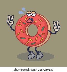 Bored Donuts with peace stuck out tongue expression sticker. Cartoon sticker in comic style with contour. Decoration for greeting cards, posters, patches, prints for clothes, emblems.