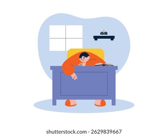 Uma expressão entediada de um homem apenas apoiando seu corpo na mesa, ilustração de vetor de preguiça.