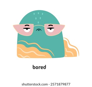 Bored facial emotion of abstract shape cartoon character wearing glasses. Vector isolated geometric figure personage or mascot with sad or indifferent face. Sticker or for media