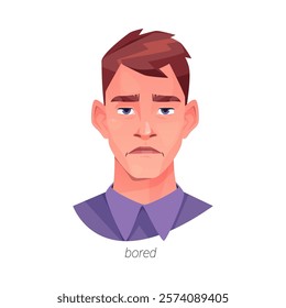 Bored facial expression of man personage with tired eyes. Vector isolated flat cartoon character, emotion of boredom and indifference. Feeling tired and unhappy, uninterested or nothing to do