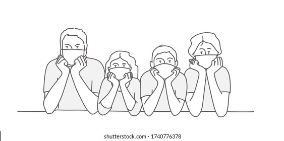 Bored family in protective mask on face is staying at home during quarantine. Line drawing vector illustration.