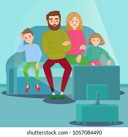 Bored Family Watching TV. Television Addiction. Unhappy Parents With Children Sitting On Sofa Behind TV Set. Vector Illustration