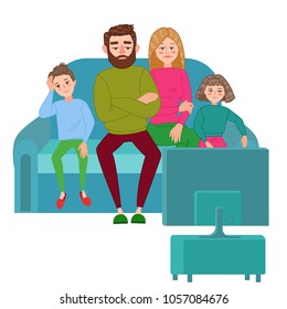 Bored Family Watching TV. Television Addiction. Unhappy Parents With Children Sitting On Sofa Behind TV Set. Vector Illustration