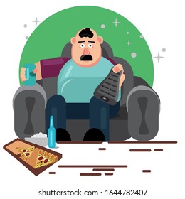 bored fat man with fast food, soft drink and snack. using the remote controller for watching TV. unhealthy food and drink. vector illustation