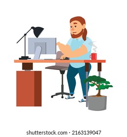 bored fat man in office on money morning character. isolated flat cartoon illustration