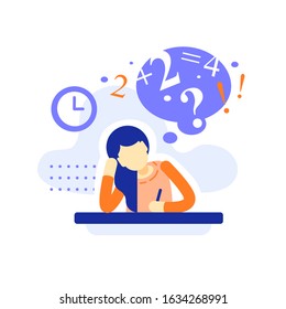 Bored female student at the desk doing homework, difficult  assignment, writing or thinking on task, education concept, bored teenage learner, tired learning, too much burden, vector flat illustration