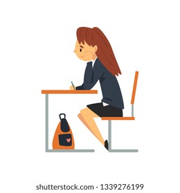 Bored Female Student Sitting at Desk in Classroom, Side View, Schoolgirl in Uniform Studying at School, College Vector Illustration