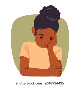 Menina entediada personagem de desenho animado infantil inclinando sua cabeça na palma da mão com a expressão facial infeliz bolha design de retrato. Lonely frustrado garoto sentimento pensivo e desapontamento ilustração vetor