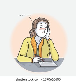 Das gelangweilte Mädchen hat einen pensiven Ausdruck, der an ihrem Schreibtisch sitzt. Handgezeichnete Vektordesign-Illustrationen.