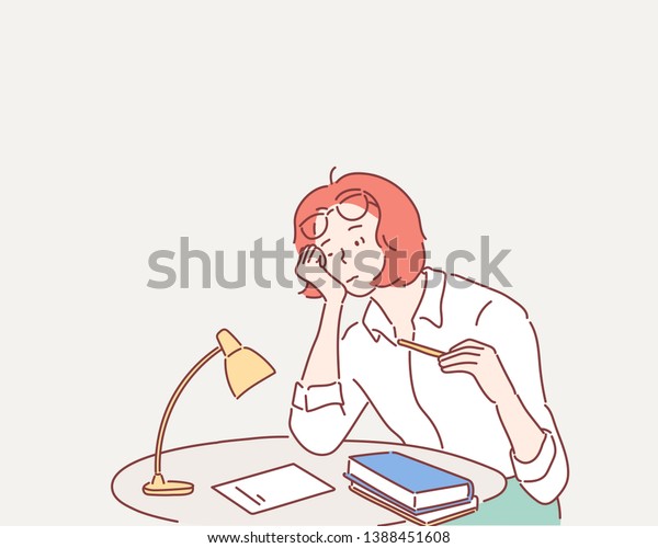 勉強中の退屈な女の子 手描きのスタイルのベクター画像デザインイラスト のベクター画像素材 ロイヤリティフリー
