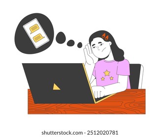 Bored girl thinking about chatting with friends 2D cartoon character. Student exhausted by difficult homework isolated person flat vector on white background. Spot illustration colorful