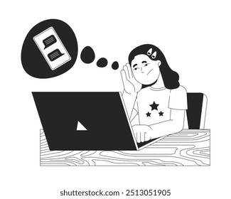 Bored girl thinking about chatting with friends black and white 2D line character. Student exhausted by difficult homework solated vector outline person. Monochromatic spot illustration