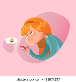 Bored girl writing a message. Vector illustration