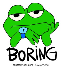 Bored green toad. Frog looking at the clock. Lettering of the word "boring." Defocused and sad character. Vector amphibian for stickers, logo and emblem. Color cartoon image for stock.