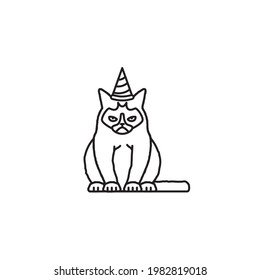 Bored Grumpy Cat With Party Hat Vector Line Icon For Blasé Day On November 25