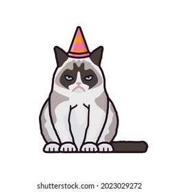 Bored Grumpy Cat With Party Hat Isolated Vector Illustration For Blasé Day On November 25