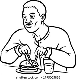 a bored hamburger eating man 