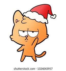 bored hand drawn gradient cartoon of a cat wearing santa hat