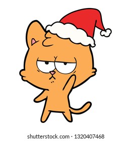 bored hand drawn line drawing of a cat wearing santa hat
