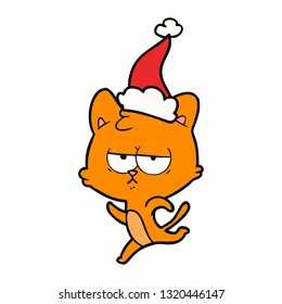 bored hand drawn line drawing of a cat wearing santa hat