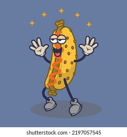 Bored Hotdog with happy face expression sticker. Cartoon sticker in comic style with contour. Decoration for greeting cards, posters, patches, prints for clothes, emblems.