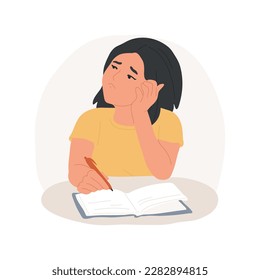 Bored isolated cartoon vector illustration. Unhappy teenager girl doing her homework without motivation, lazy adolescent when learning school subjects, teen education problem vector cartoon.