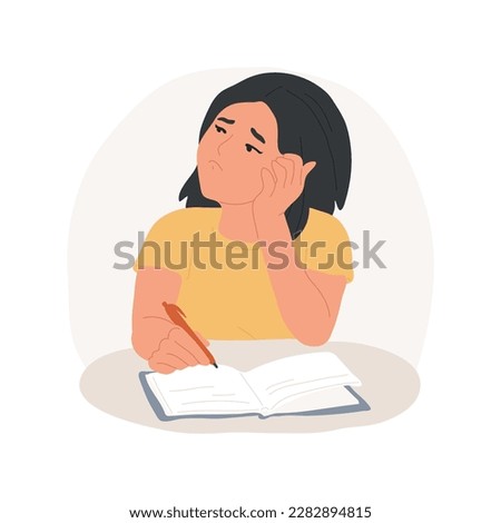 Bored isolated cartoon vector illustration. Unhappy teenager girl doing her homework without motivation, lazy adolescent when learning school subjects, teen education problem vector cartoon.